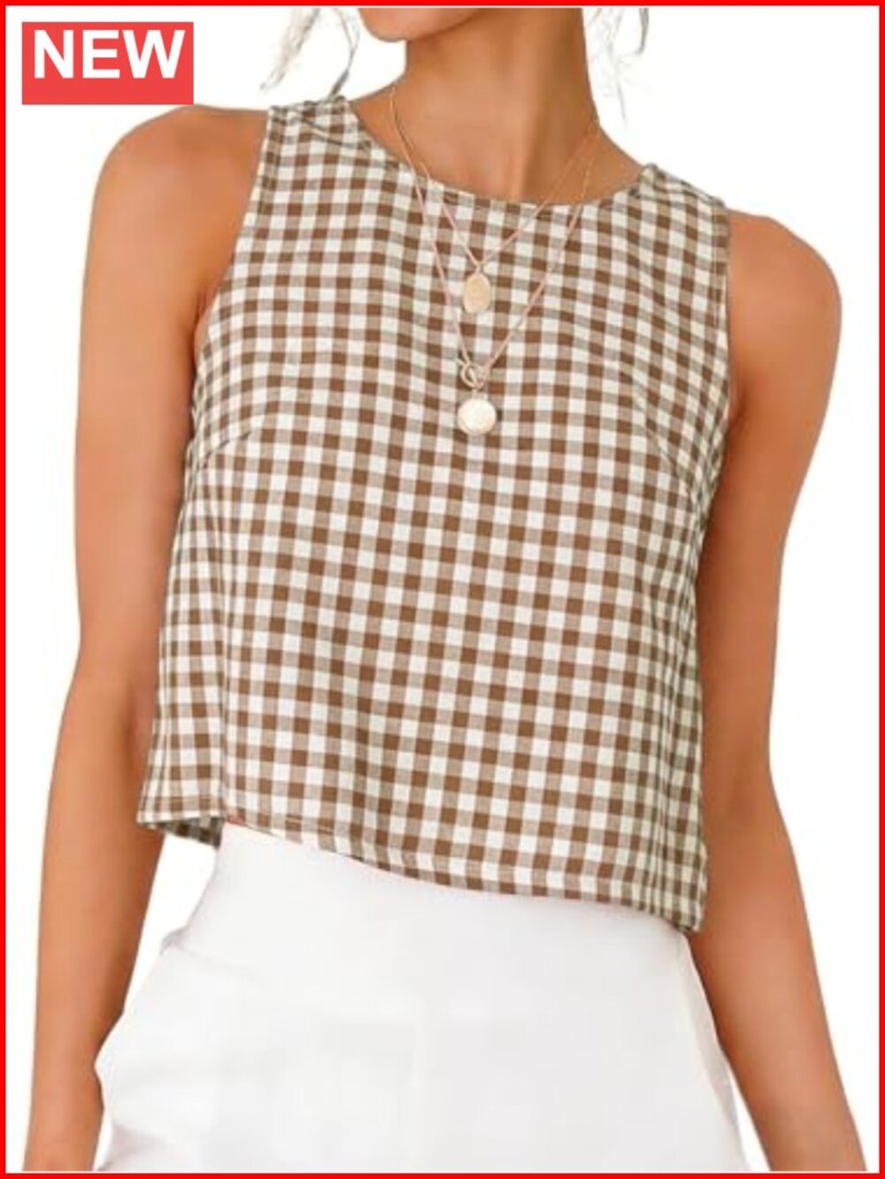 Gingham Crop Tank Top High Neck Back Button Sleeveless Plaid